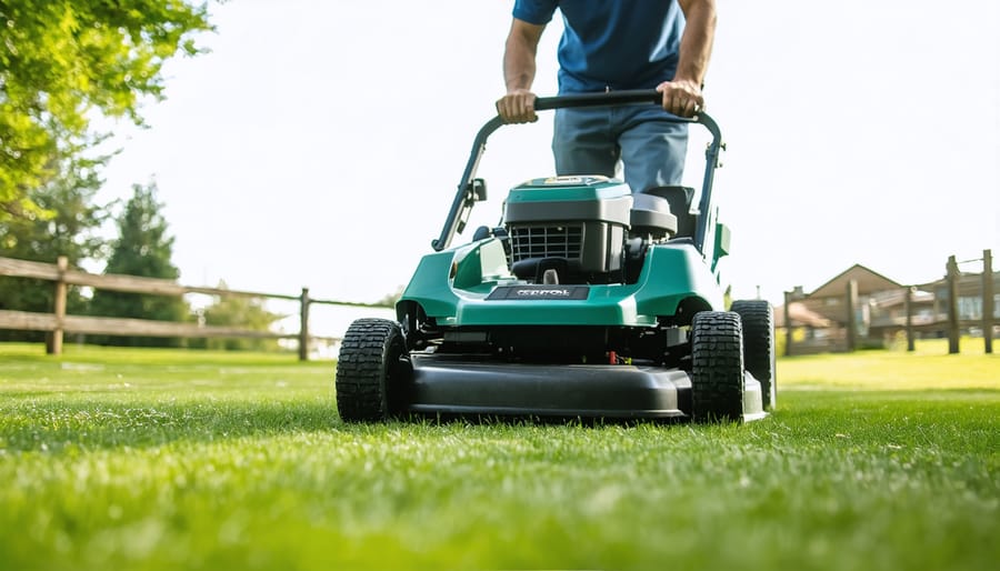 Quiet battery mower operation in residential neighborhood with children playing nearby