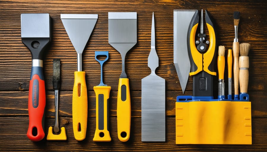 Collection of lawn mower blade sharpening tools including file, whetstone, and safety equipment on wooden workbench