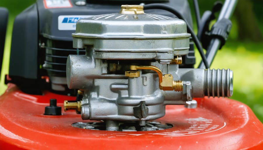 Disassembled lawn mower carburetor being cleaned with spray cleaner and brush
