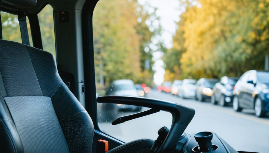 Close-up view of zero-turn mower seat and control panel from operator's perspective