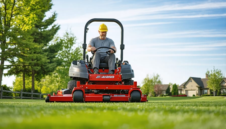 Commercial zero-turn mower being used by a professional on an extensive lawn