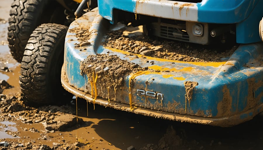 Close-up of corroded battery terminals with oxidation buildup on riding mower