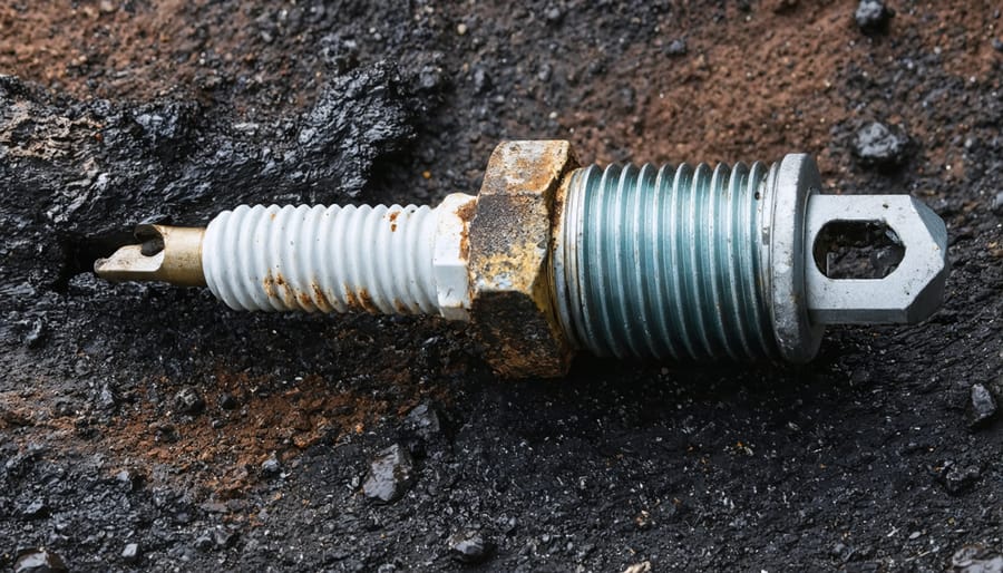 Close-up of corroded spark plug with carbon buildup removed from lawn mower