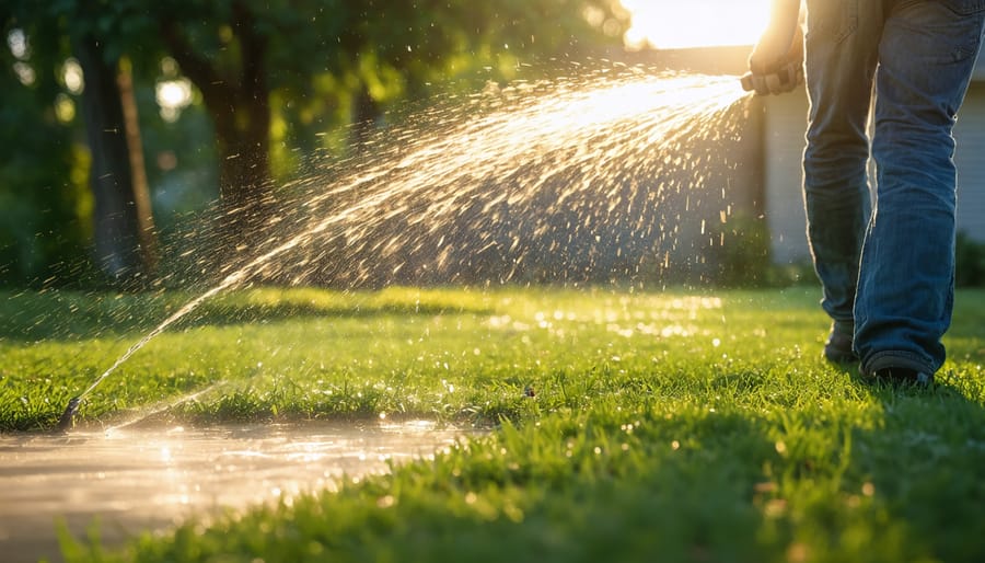 Oscillating sprinkler watering green lawn at sunrise with water droplets catching golden light