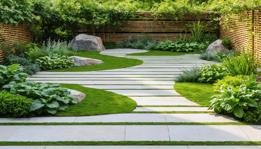 Landscaped dog potty area with gravel path and decorative stone border
