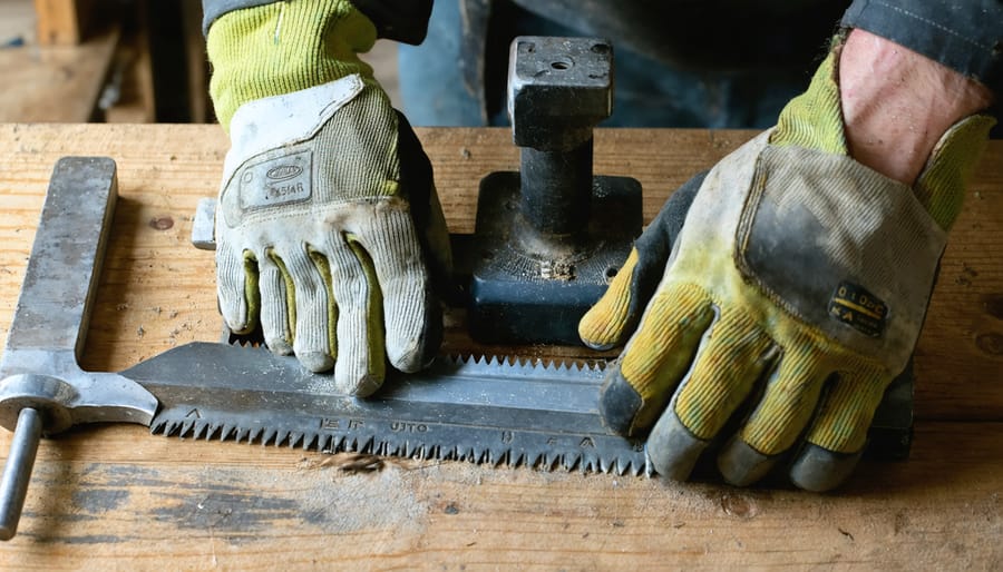 "DIY lawn mower blade sharpening station in a workshop with metal file, gloves, and bench vise under natural daylight."