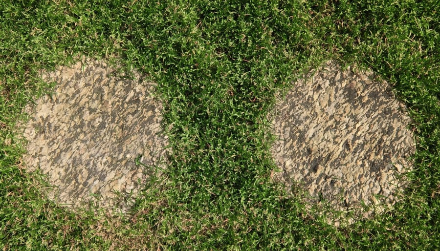 Close-up view of circular brown spots in green lawn caused by dog urine
