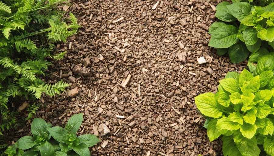 "Lush garden with eco-friendly mulches such as grass clippings and wood chips nourishing the plants."