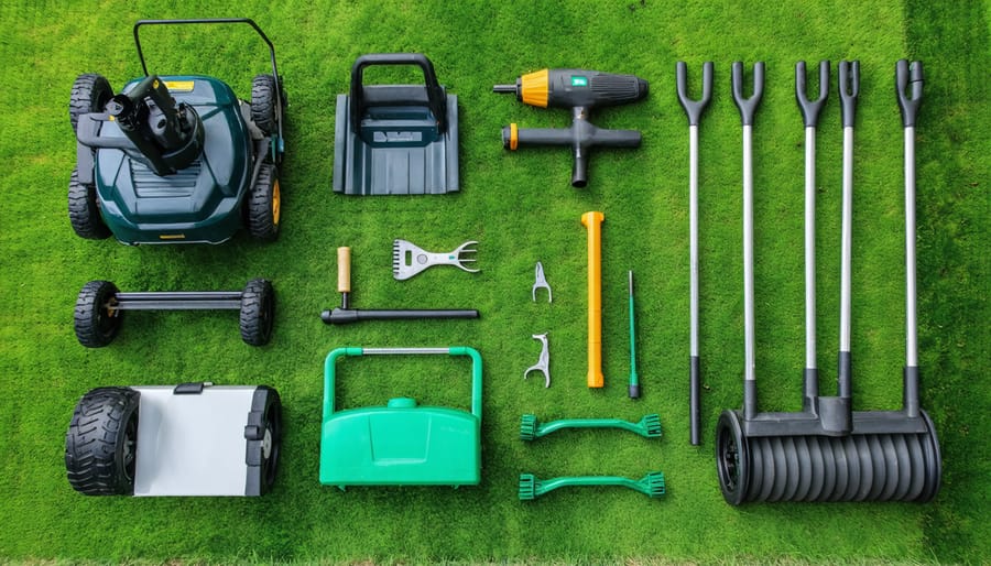 Lawn mower and maintenance tools arranged on green lawn