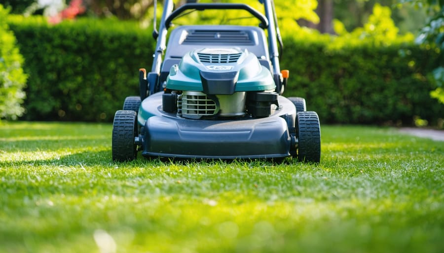 "Modern lawn mower illustrating blade brake control and impact-resistant deck in a well-kept garden."