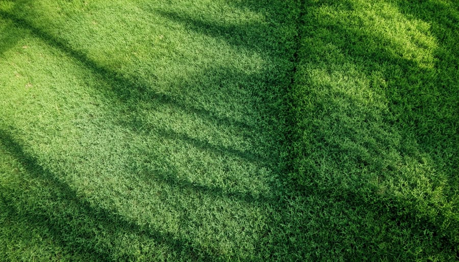 Granular lawn fertilizer being spread by gloved hand over grass