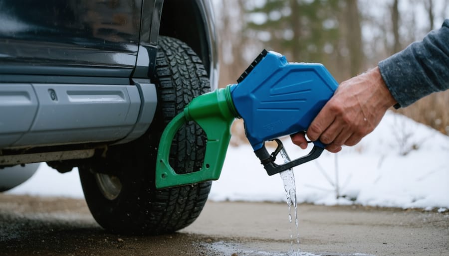 Person adding fuel stabilizer to gas can for lawn mower winterization