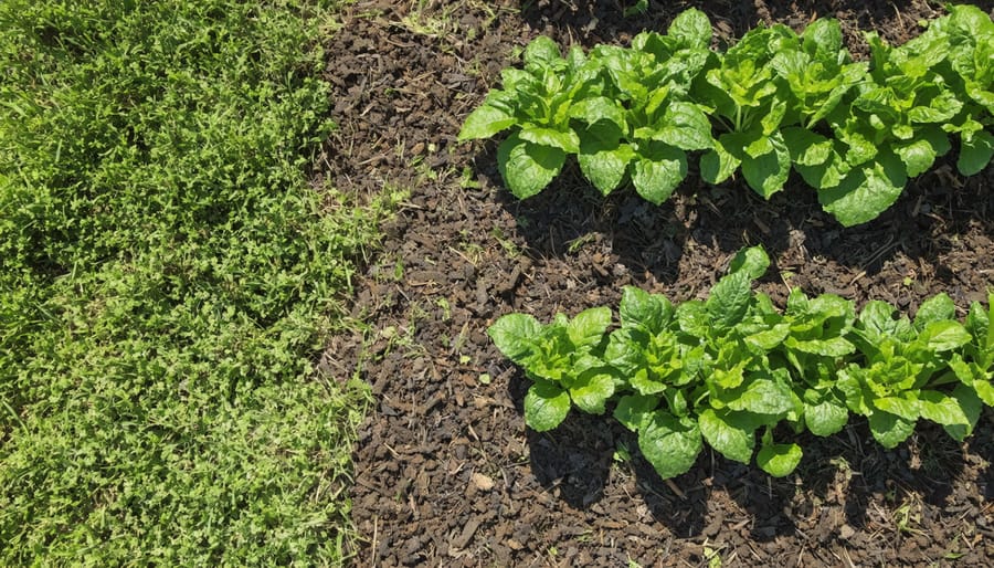 Hands spreading grass clipping mulch around garden plants