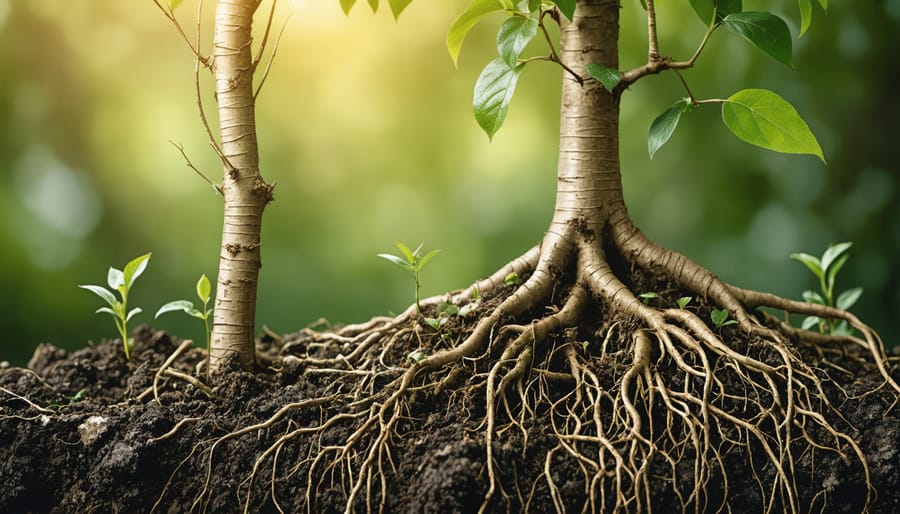 Close-up of extensive grass root system in soil