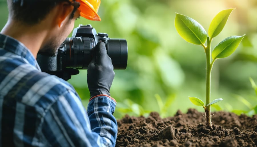 Person wearing protective gear applying lawn treatment with backpack sprayer