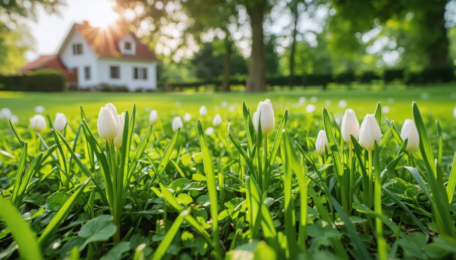 Beautiful residential lawn at sunrise showing healthy green grass