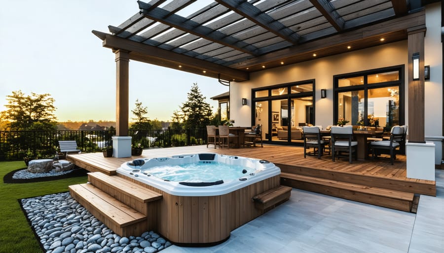 Modern backyard jacuzzi installation on wooden deck with pergola covering