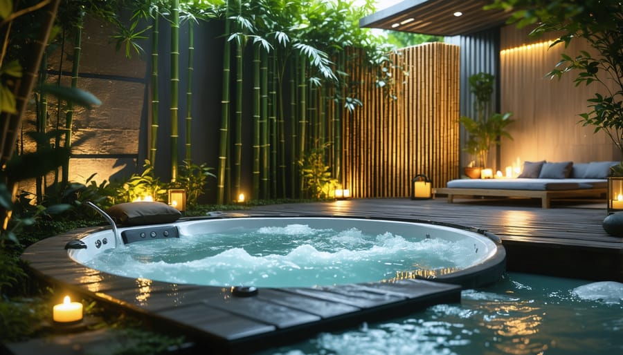 Illuminated outdoor jacuzzi at night with ambient lighting and natural privacy screens
