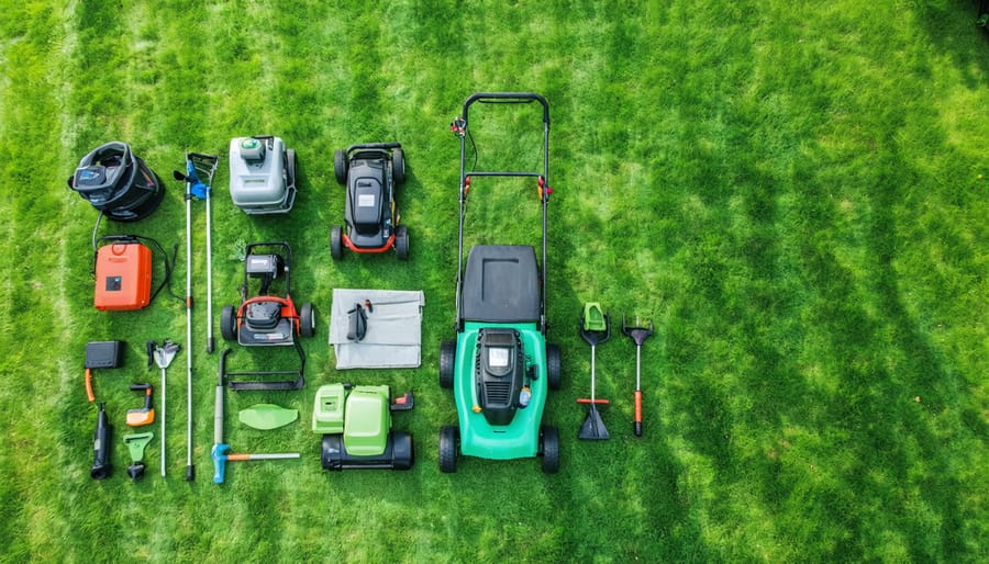"Lawn mower and trimmers neatly arranged on green grass, ready for pre-season maintenance inspection."