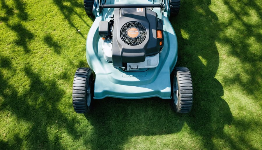 "Close-up of a lawn mower showing the belt system, illustrating proper tensioning for efficient mowing."