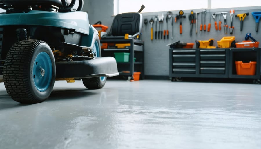"Lawn mower on a clean workshop bench prepared for maintenance, with workshop tools blurred in the background."