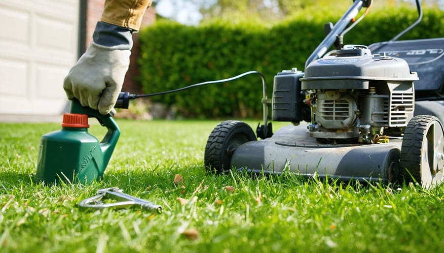 Medium shot of a person pulling the starter cord on a gas lawn mower on patchy spring grass, with a red fuel can and spark plug socket beside the mower, under soft overcast light and a blurred suburban garage in the background.