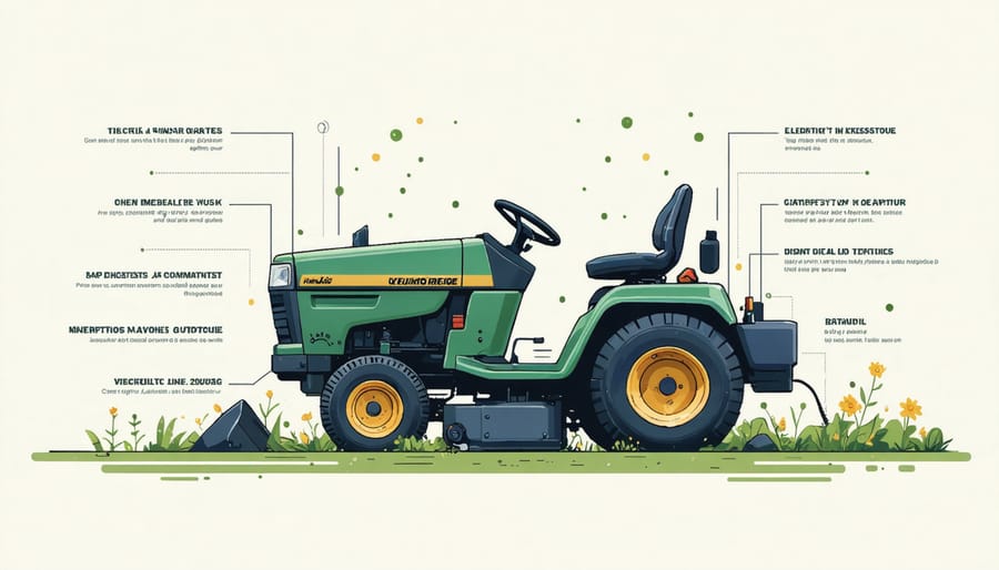 Labeled diagram of a lawn tractor showing steering wheel, deck, engine, and attachment points