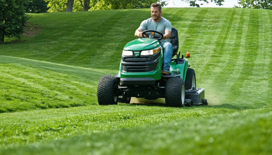 Red lawn tractor mowing grass on a slight incline