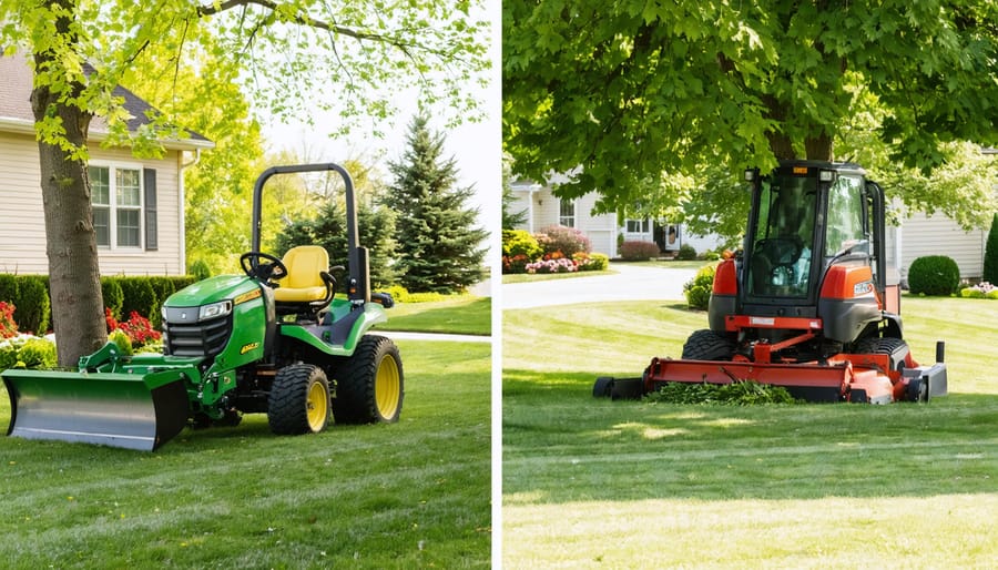 A comparative illustration showing a lawn tractor equipped with attachments like a snow plow and trailer on one side, and a zero-turn mower skillfully navigating around a tree on the other side, highlighting their distinct capabilities.