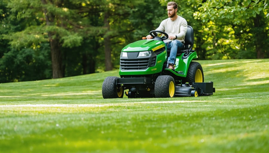 "Robust lawn tractor with green mower deck on a manicured lawn, emphasizing its weight and performance factors."