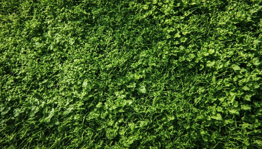 Flowering groundcover plants serving as living mulch between larger garden plants