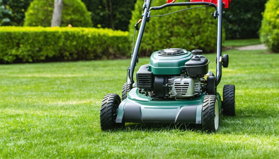 Clean, well-maintained lawn mower in organized garage setting