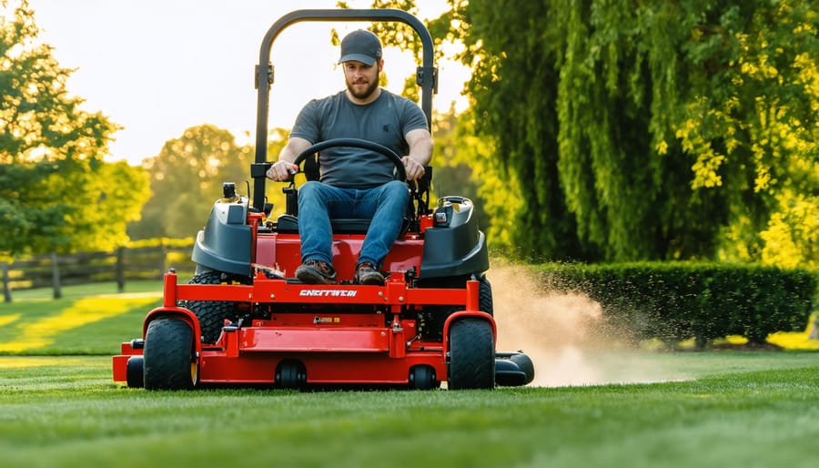 Technician performing routine maintenance on zero-turn mower engine