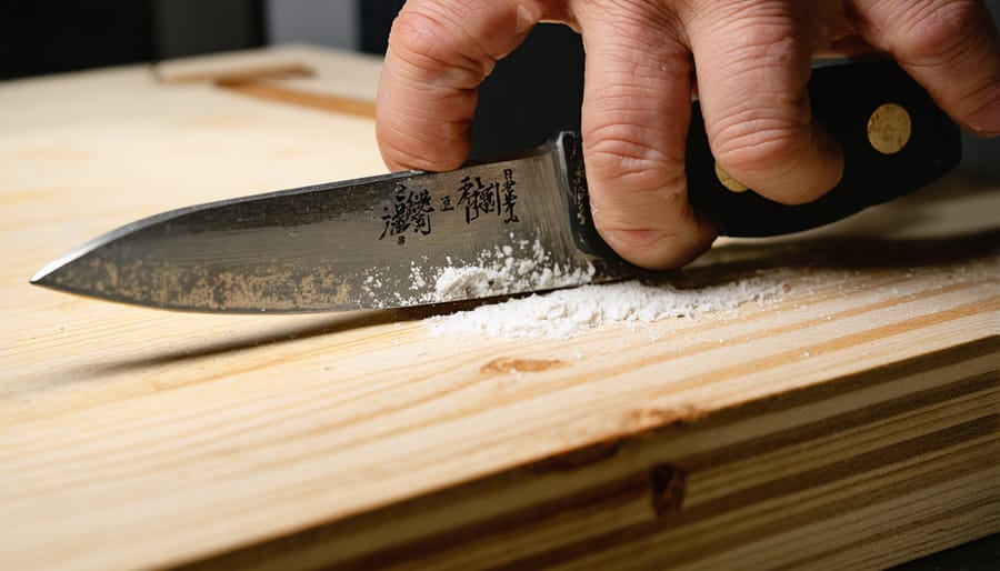 Hands using metal file to sharpen lawn mower blade edge