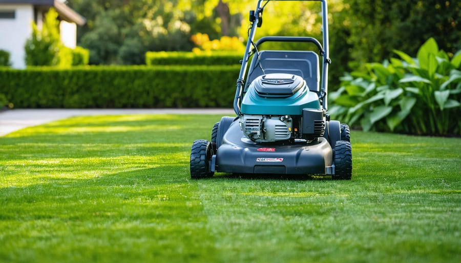 Modern lawn mower displaying advanced electronic safety sensors and features