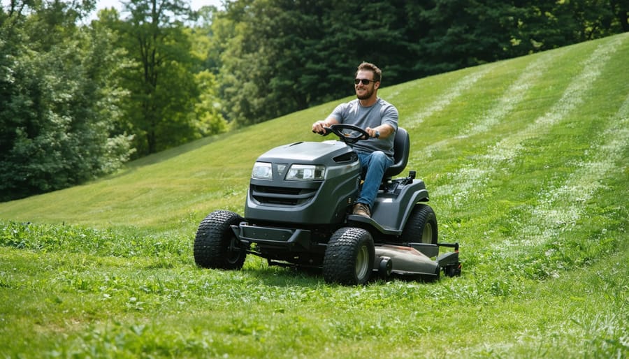 Riding lawn mower positioned on steep, uneven hillside showing stability features