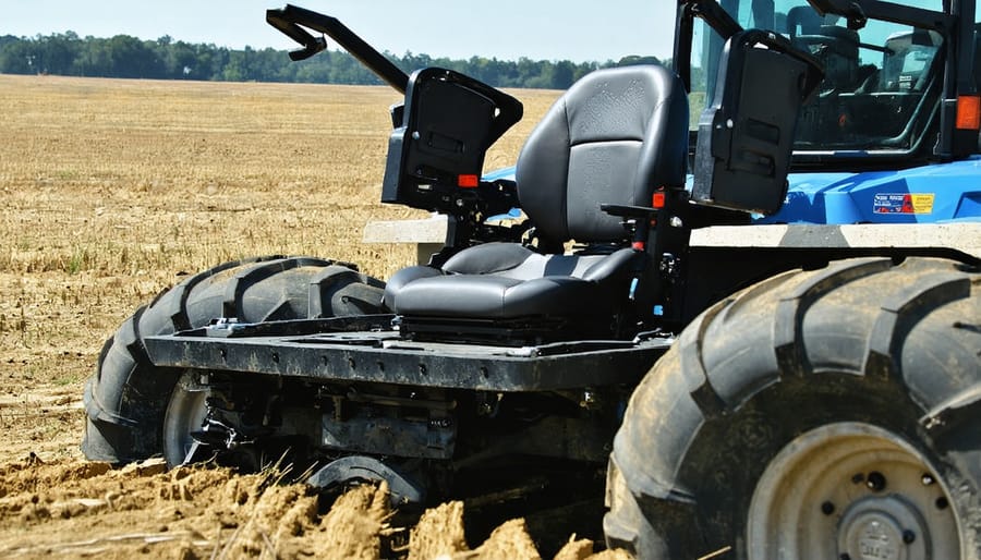 Professional riding mower seat showing suspension system components