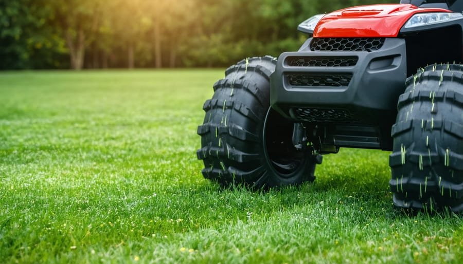 Close-up view of heavy-duty lawn mower tire with aggressive tread pattern
