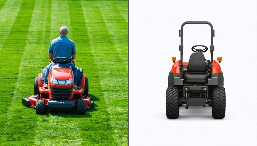 Split view comparing mowing patterns and grass cut quality between lawn tractor and zero turn mower