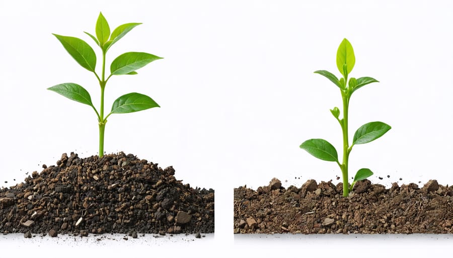 Comparison showing moisture levels in mulched versus unmulched garden soil