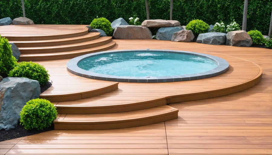 Luxurious multi-level deck design featuring integrated hot tub installation