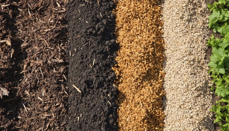 Close-up view of natural mulch layers including straw, leaves, and wood chips in garden bed