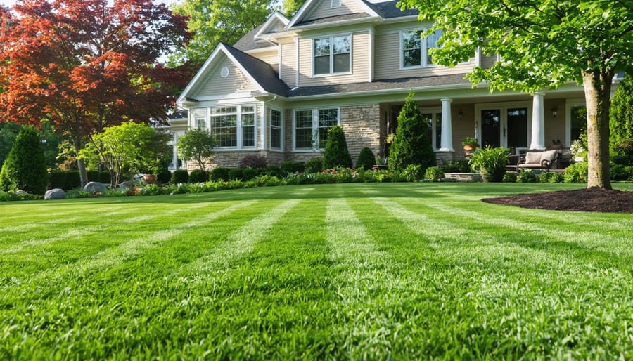 Lush green striped lawn during golden hour with house in background