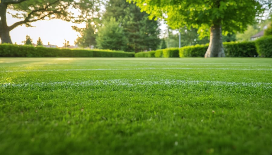 "Lush green striped lawn illuminated by golden hour sunlight, showing results of expert seasonal care."