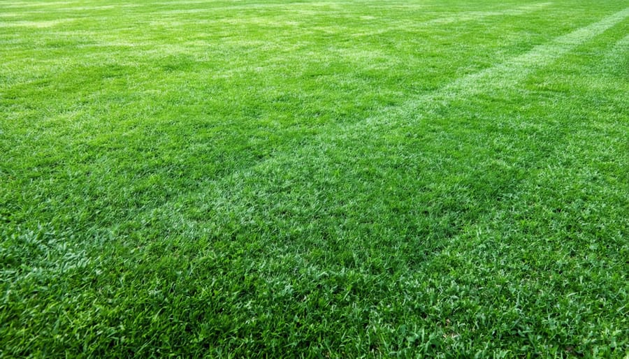 Close-up of healthy new grass growth in restored lawn area