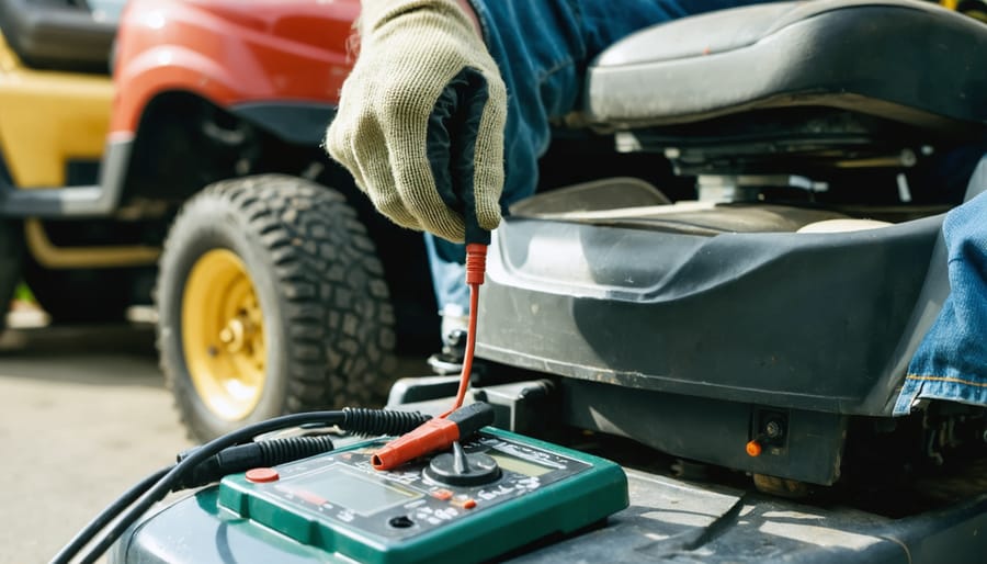 Gloved hand uses multimeter probes on a riding lawn mower’s starter solenoid and battery terminal, with a new battery installed and a slightly corroded ground clamp visible; mower hood open in a garage, blurred seat and safety switch in the background.