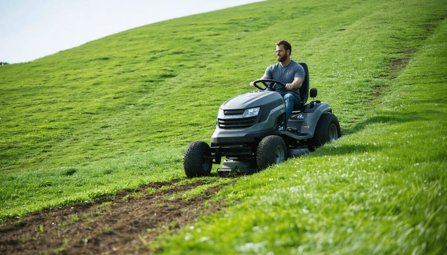 "Riding mower on a steep, uneven hillside, demonstrating stability and maneuverability features designed for challenging terrain."