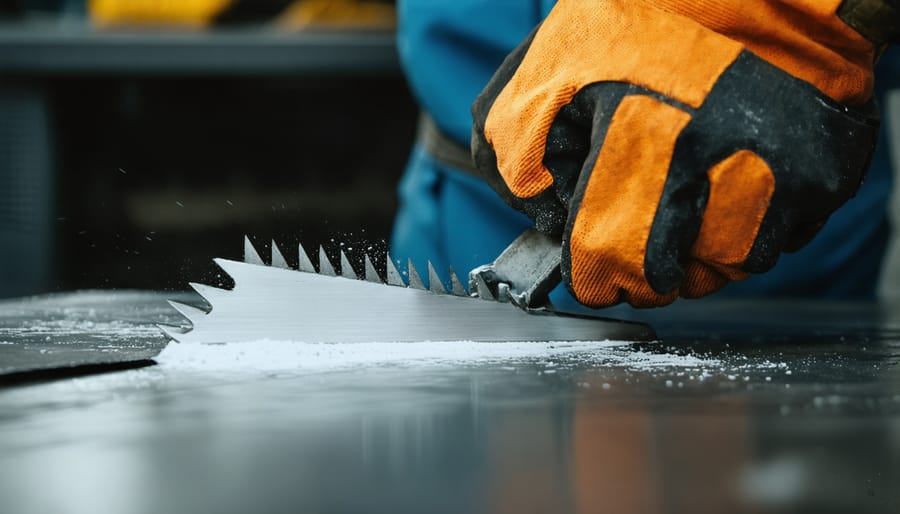 Gloved hands safely removing lawn mower blade using appropriate tools