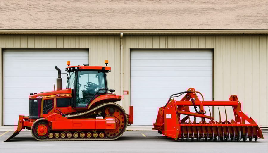 Lawn care equipment being prepared for winter storage in organized garage