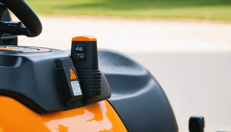 Riding mower seat safety switch mechanism visible under operator seat